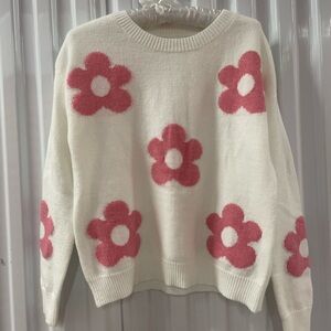 Floral Knit Sweater - White and Pink